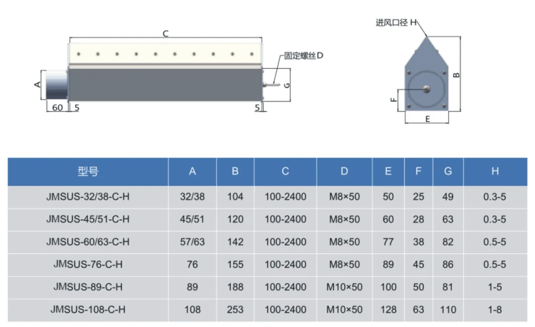 Adjustable Opening-Gap Width Air Pipes in Stainless Steel for Industry